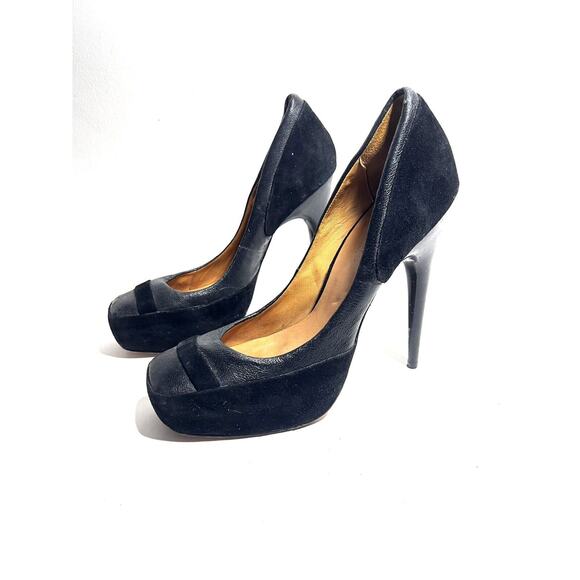 L.A.M.B. Stefani EUC Black Suede/Leather Leisure 5.5" Heel Square Toe Shoe 8.5 - Picture 1 of 7